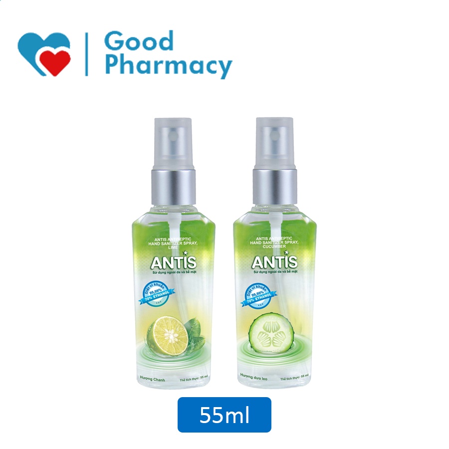 Dung dịch nước rửa tay sát khuẩn Antis chai xịt 55ml (Indonesia) diệt khuẩn nhanh, khử trùng, bảo vệ lâu dài tay, bề mặt