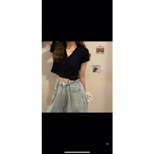 Áo Croptop thun gân lên tay ngắn , Crottop nút gài phông nữ 38-55kg