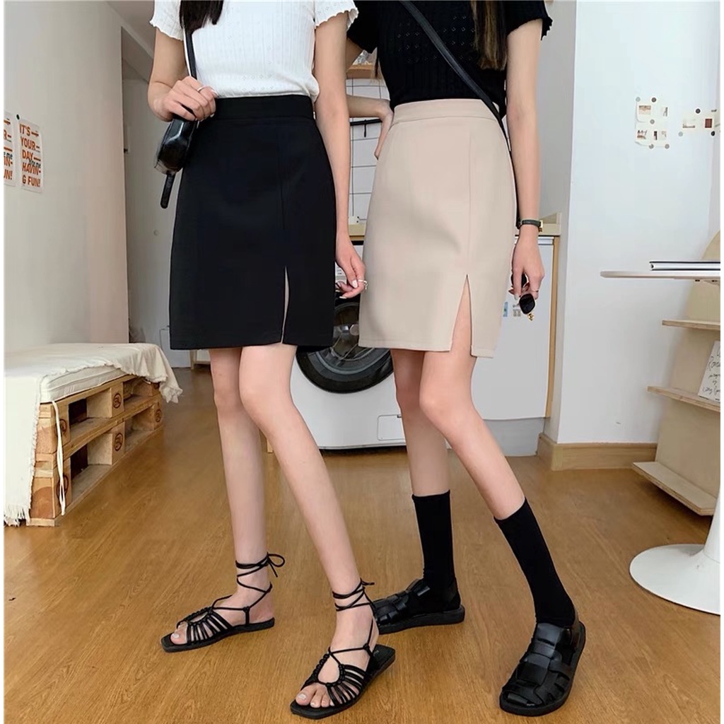 Chân váy ngắn chữ A xẻ tà trước lưng cao phong cách hàn quốc , A xẻ 50