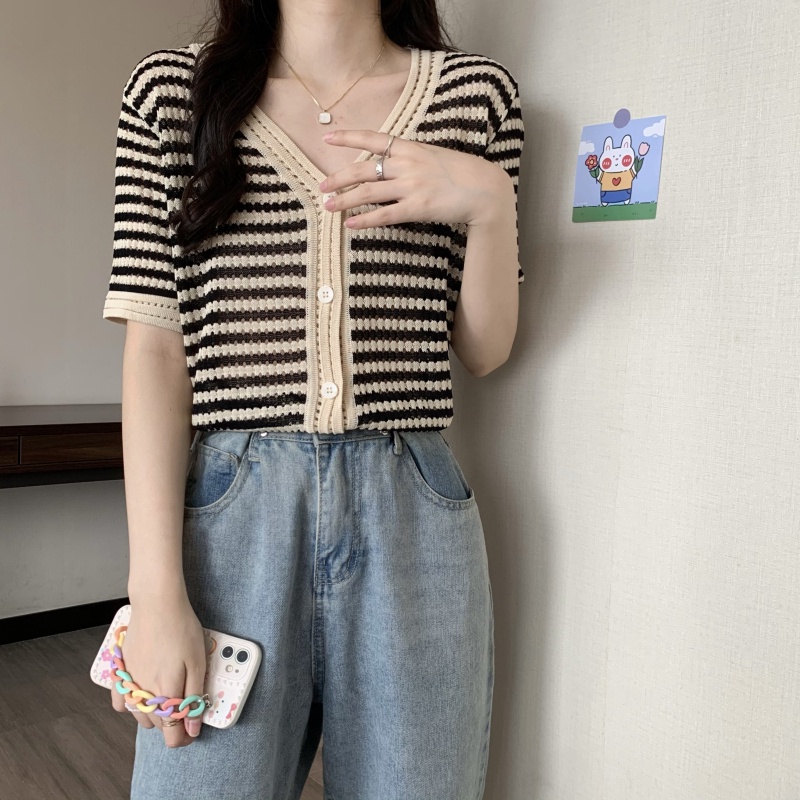 Áo thun ZHELIHANGFEI tay ngắn cổ chữ V họa tiết kẻ sọc thời trang cho nữ