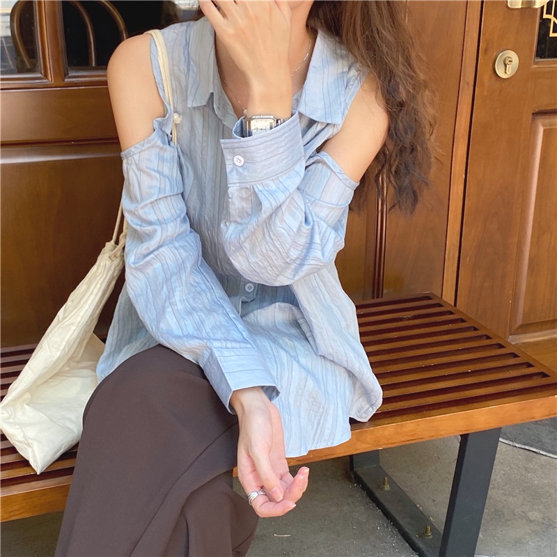 SUXI Áo Kiểu Tay Dài Trễ Vai Phối Nút Phong Cách Hàn Quốc Cho Nữ