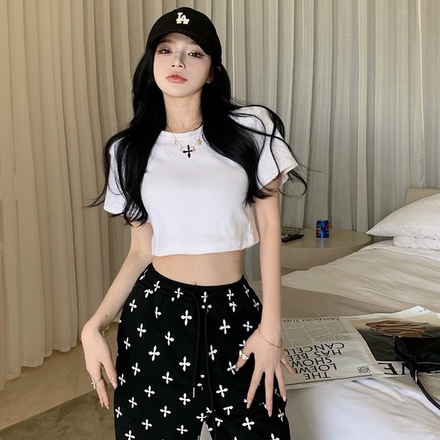 Set quần dài áo họa tiết hoa nữ ⚡ Casper.Store | FREESHIP | ⚡ combo áo croptop cộc tay cổ tròn kèm quần suông rộng