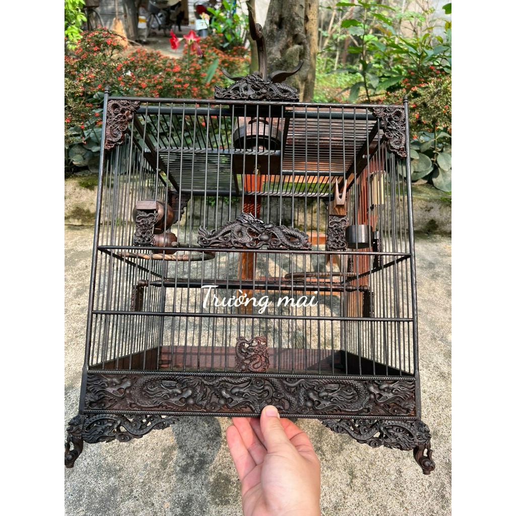 Lồng chim chào mào thái đấu, vuông đấu gỗ mun đuôi công nan hắc đủ phụ kiện