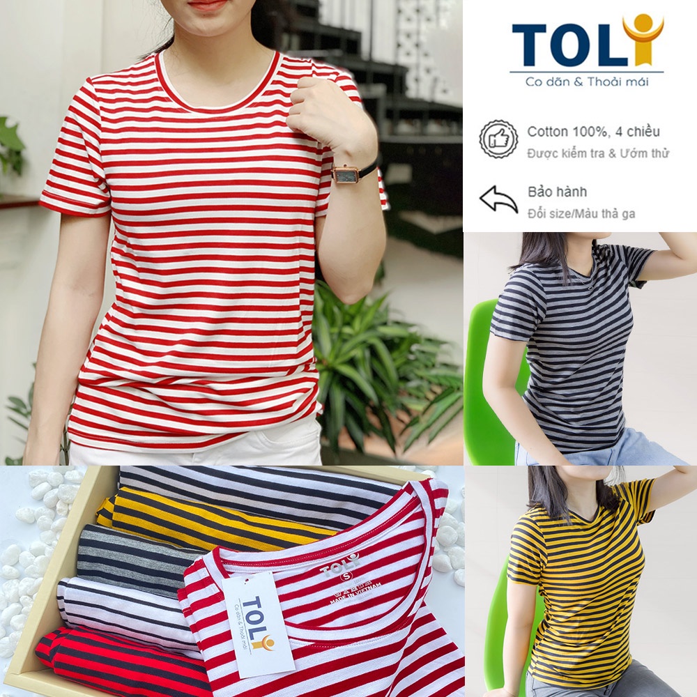 Áo thun nữ cổ tròn TOLI, chất cotton 4 chiều mềm mịn, co dãn, form suông cơ bản, sọc ngang 1cm [NHIỀU MÀU]