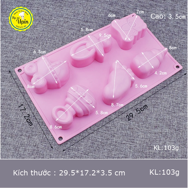 Khuôn silicon 6 hình Bình bú núm ti , Xe nôi , Bàn chân làm bánh thôi nôi em bé đổ tạo hình cho bánh rau câu mâm cúng