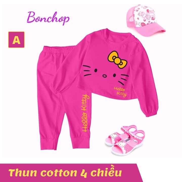 Đồ bộ tay dài cho bé gái hình mèo từ 11-40kg. Chất thun cotton thấm hút mồ hôi -Tomchuakids