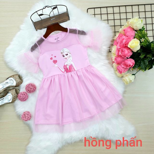 Đầm thun bé gái cúp ngực phối lưới, tay loe siêu xinh, chất lưới cao cấp mềm mịn bé mặc thoải mái, toàn đầm thun cotton