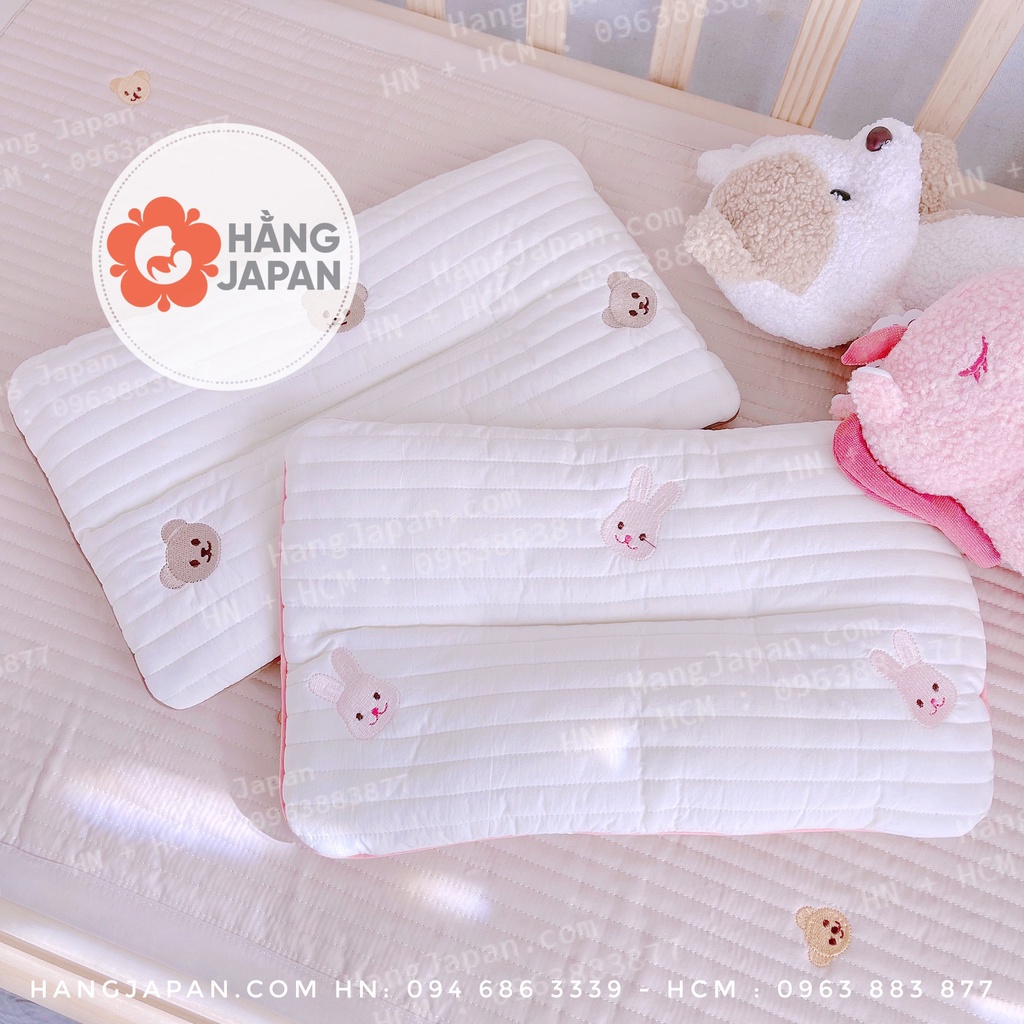 Gối đầu cotton ORGANIC  thêu hình gấu, thỏ cho bé kích thước  40x25cm