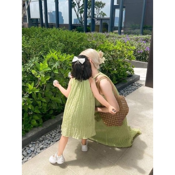Đầm Maxi Xanh cốm Đi Biển, Đầm Đôi Mẹ Bé