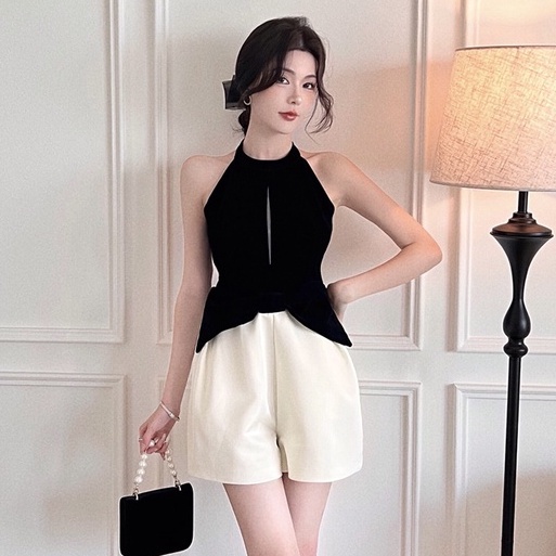 Áo Liền Quần Ngắn Hai Dây Đính Nơ Màu Sắc Tương Phản Phong Cách Pháp Dành Cho Nữ
