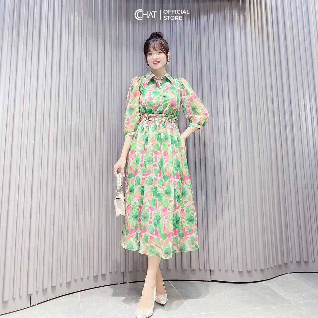 Đầm Nữ 𝐂𝐂𝐇𝐀𝐓 Tay Lỡ Xòe Họa Tiết Chất Voan Mềm Mại Phong Cách Trẻ Trung 12VDV5012XT