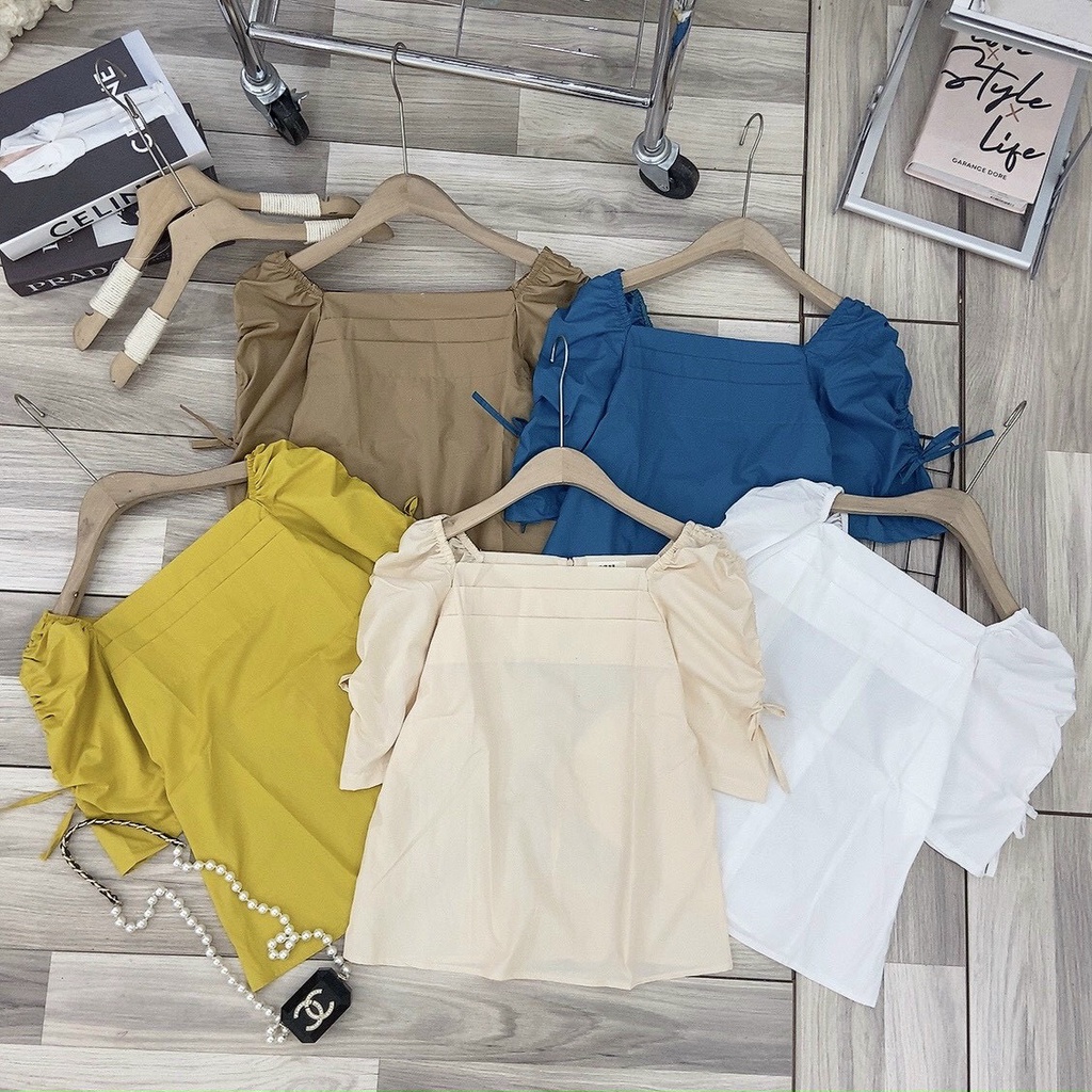 Áo sơ mi nữ chunvai cổ xuông phong cách tiểu thư