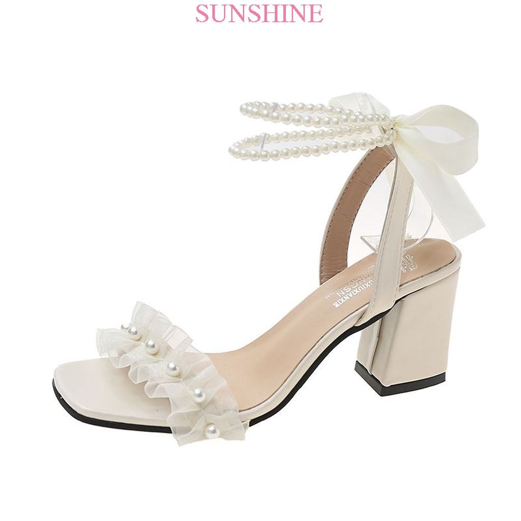 Giày sandal cao gót, sandal đế vuông quai ngọc thắt nơ sang chảnh Sunshine_Store A010