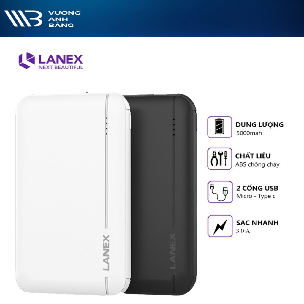 Pin dự phòng Lanex LPB-N19 2 cổng USB 2.1A, 5000mah, có đèn led, tương thích nhiều thiết bị