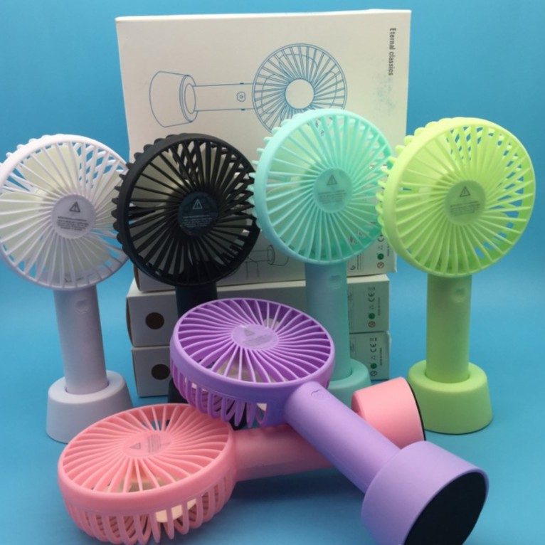 Quạt Tích Điện Mini Cầm Tay 3 Chế Độ Gió có Dây Sạc, Dây Đeo, Chân Để Bàn