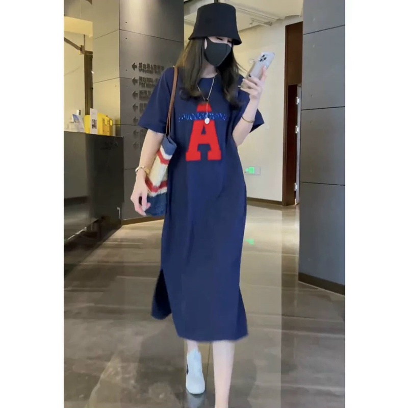 Váy suông tay lỡ in chữ A, đầm suông dáng dài form rộng hothit