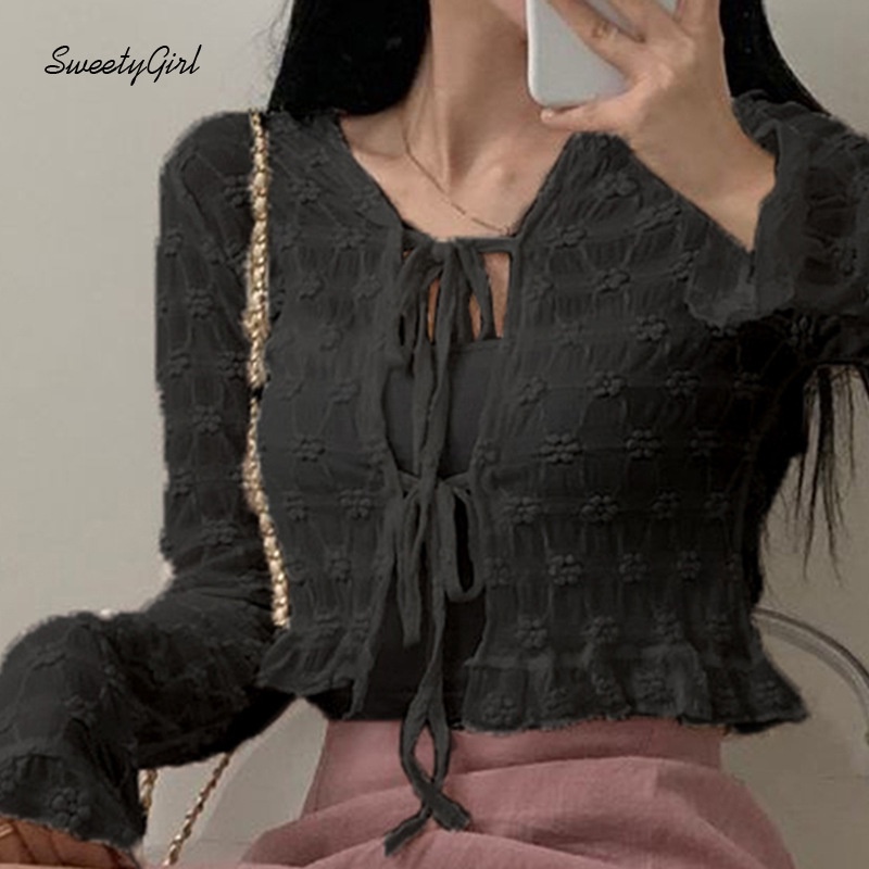 Áo Thun Tay Dài Cổ Chữ V Thắt Nơ Eo Màu Trơn Thời Trang 2022 Dành Cho Nữ