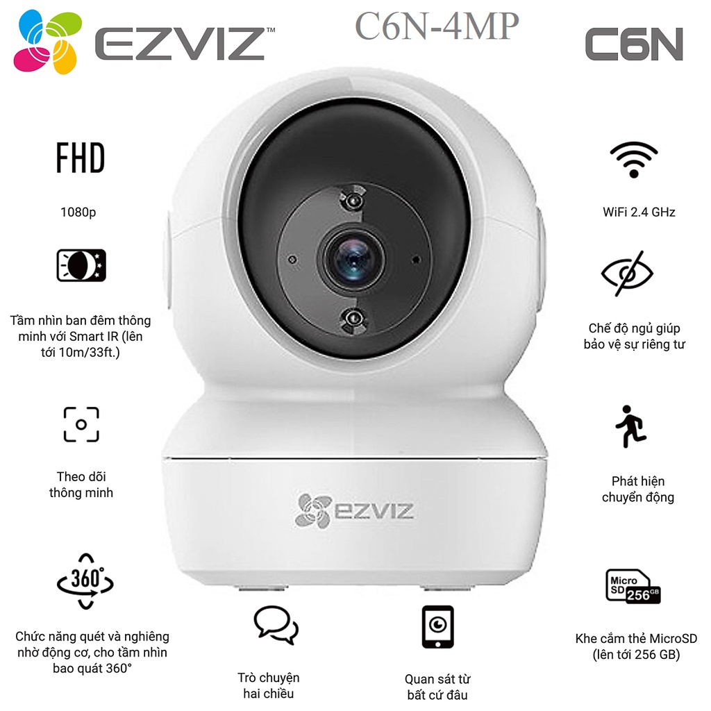 Camera IP EZVIZ C6N 4Mp độ phân giải 2K, quay quét 360 độ, đàm thoại 2 chiều - Hàng chính hãng