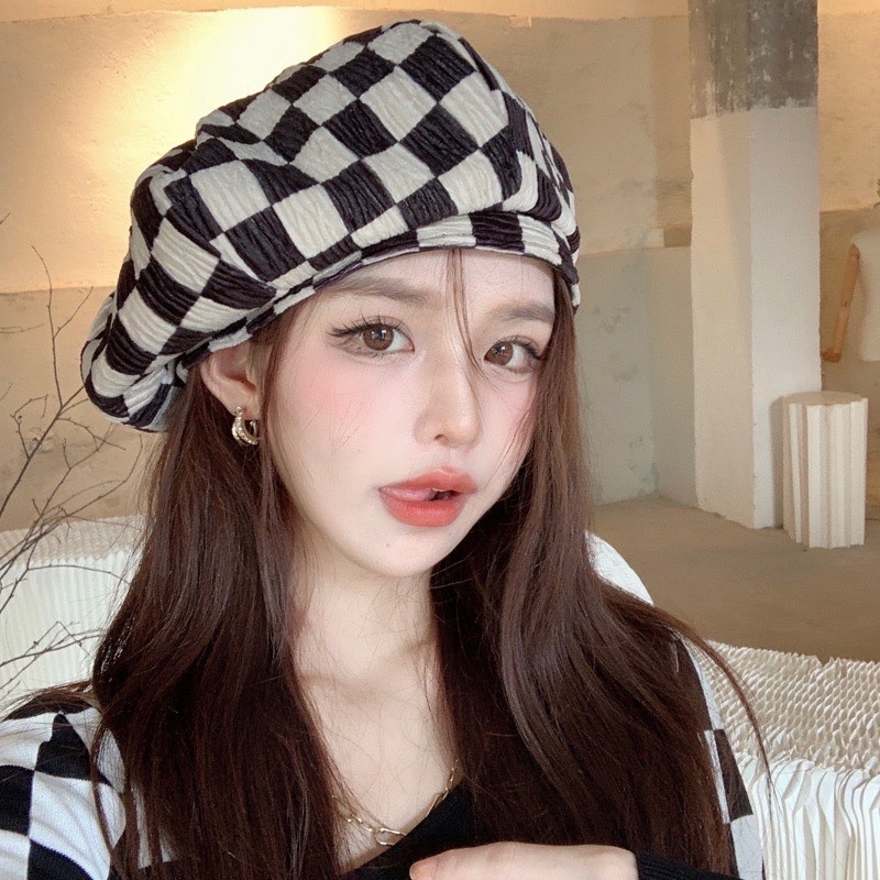 Nón Beret Hoạ Tiết Caro Thời Trang Thu Đông