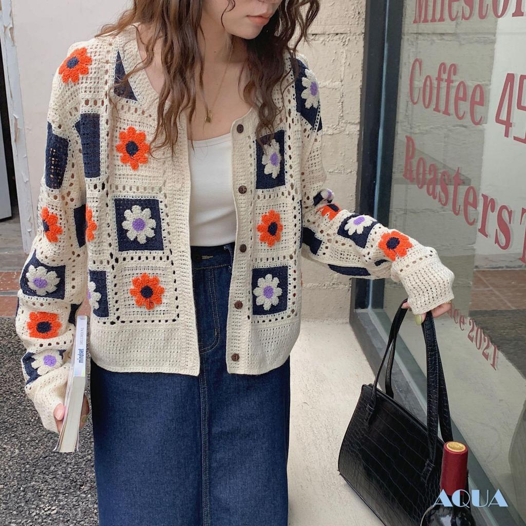 Anana Áo Khoác Cardigan Dệt Kim Dài Tay Cài Nút In Hoa Xinh Xắn Cho Nữ