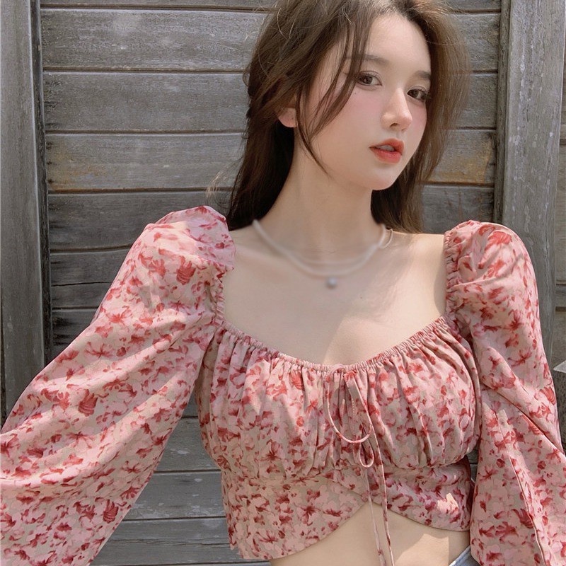 Áo Croptop Vải Voan Tay Dài In Hoa Xinh Xắn Cho Nữ