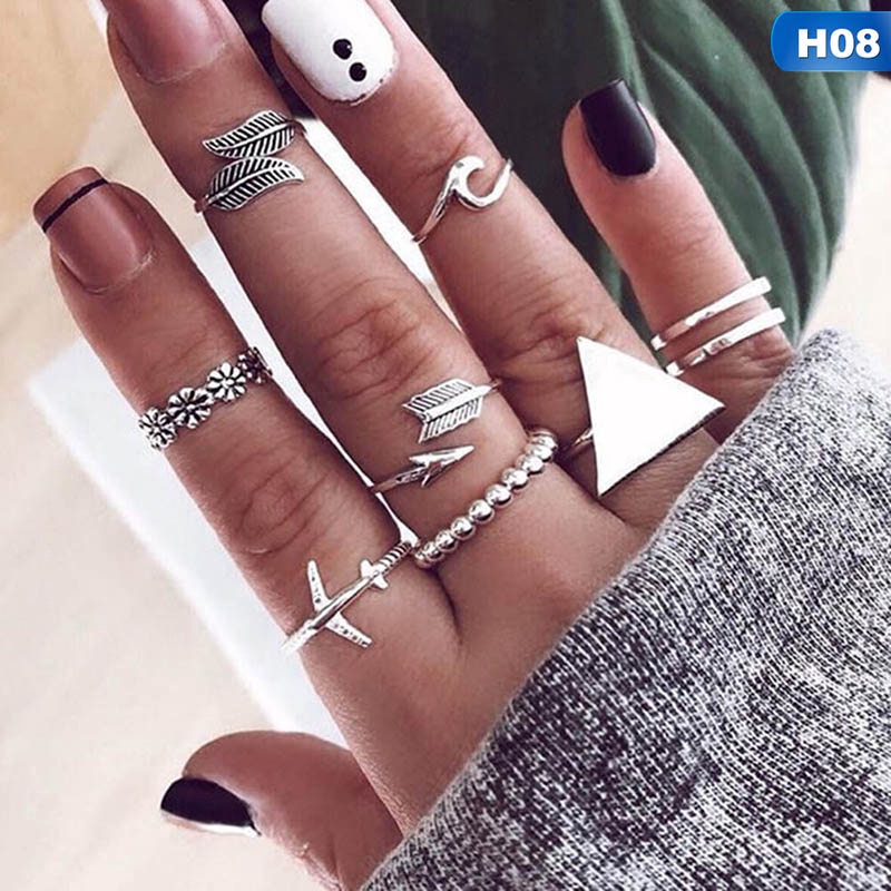 flowersqueen Bộ Nhẫn Đeo Tay Kim Loại Đính Đá Màu Thời Trang Cho Nữ