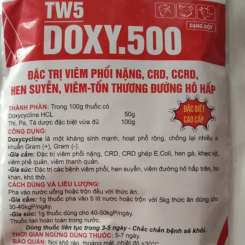 Doxy 50 ho hen thú y viêm phôi, phế quan, họng chảy nước mắt mũi tiêu chảy phân xanh trắng, tụ huyết trùng lợn gà chim