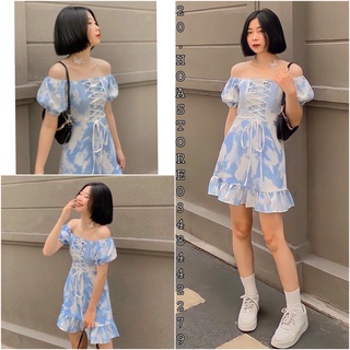 Váy Đan Dây Ngực Màu Loang Xanh Biển Trễ Vai Họa Tiết Mây - Đầm Thun Loang Cổ Vuông Xanh Dương Mặc 2 Kiểu