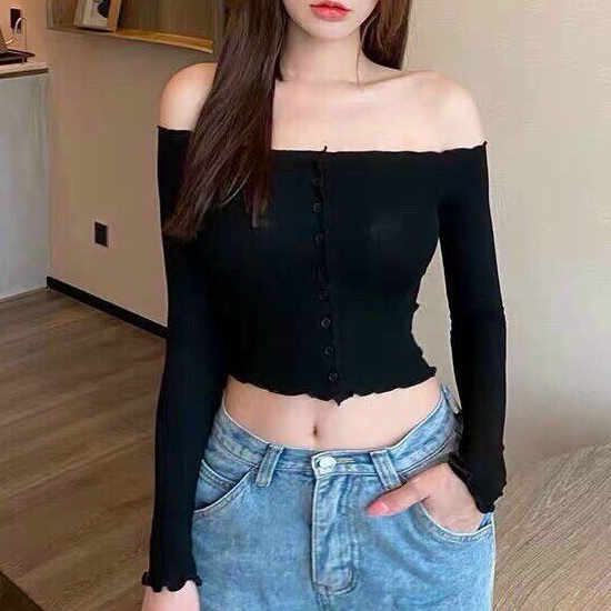 Áo Croptop Kiểu Nữ Trễ Vai Tay Dài Phối Nút Chất Thun Lụa Mịn Đẹp - AK0029 | bear.story