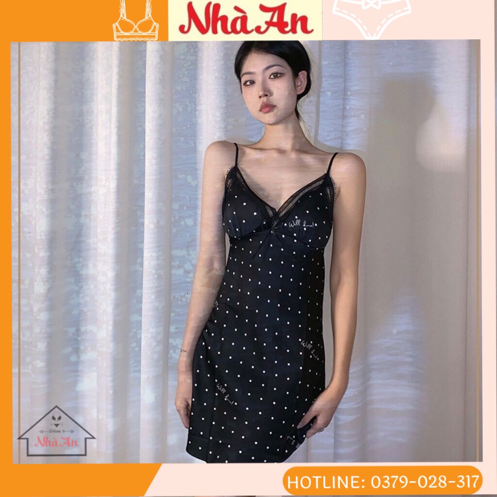 Đầm ngủ 2 dây ⚡SIÊU SEXY ⚡Đầm ngủ 2 dây satin nữ ,váy ngủ lụa hai dây có mút ngực, họa tiết chấm bi gợi cảmMeracy