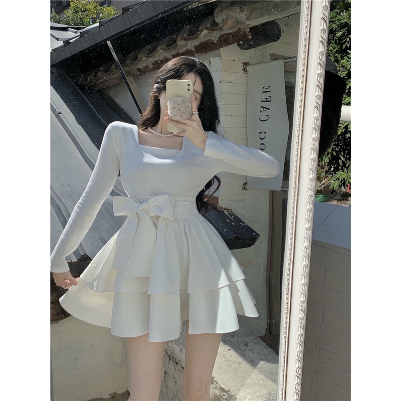 Đầm Váy Xòe Bồng Bềnh Nữ Ngắn Màu Trắng Đen Bánh Bèo Có Thắt Nơ Ở Eo Phong Cách Tiểu Thư Công Chúa Dịu Dàng Sang Chảnh