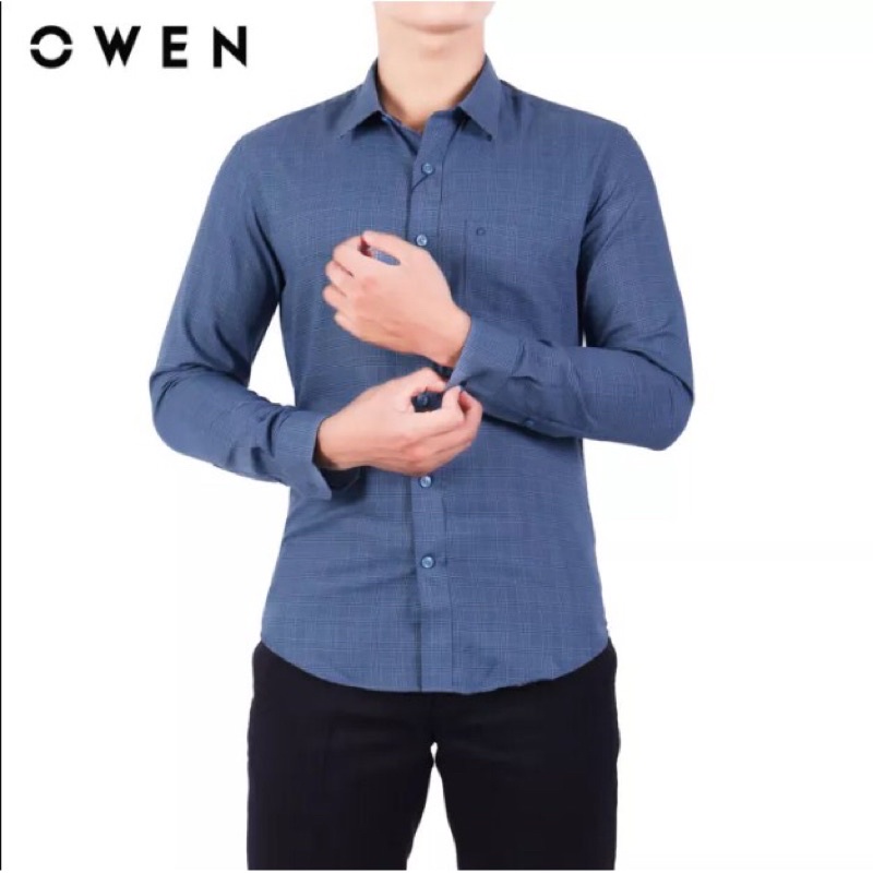 Áo sơ mi owen dài tay màu xanh caro regular fit vải sợi tre AR21053DT