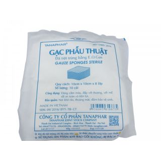 Bịch 10 gói GẠC PHẪU THUẬT 10CM X 10 CM X 8 LỚP (ĐÃ TIỆT TRÙNG BẰNG EO. GAS)