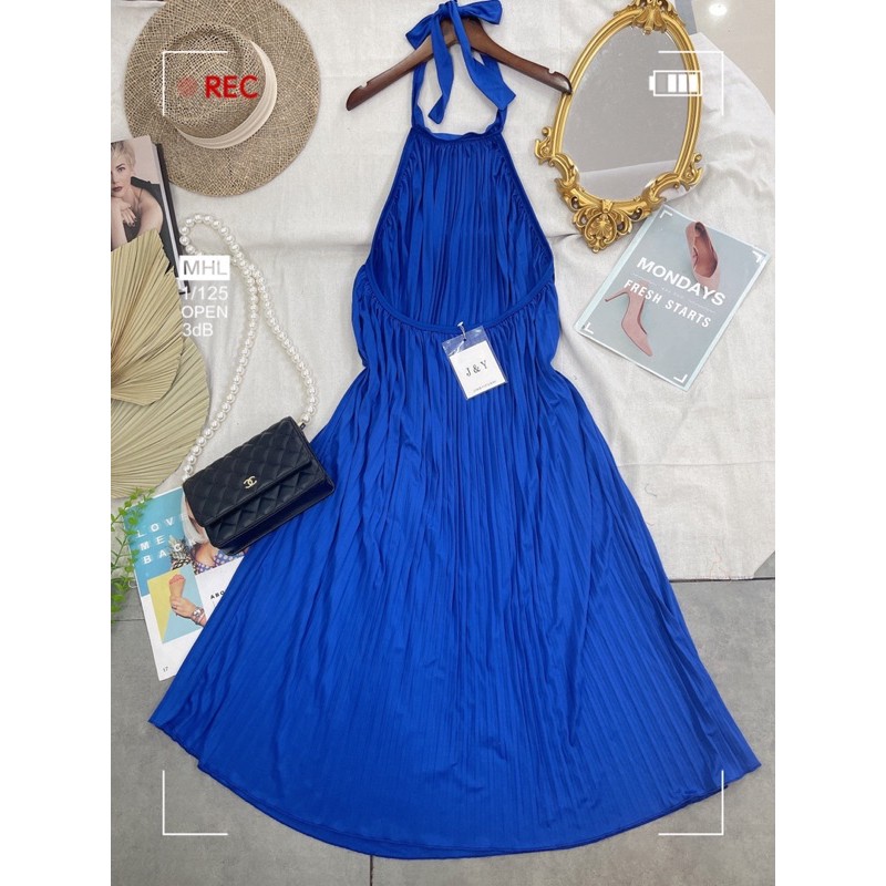 Đầm maxi xanh dập ly, Đầm xanh xoè yếm cột nơ dập ly cao cấp | BigBuy360 - bigbuy360.vn