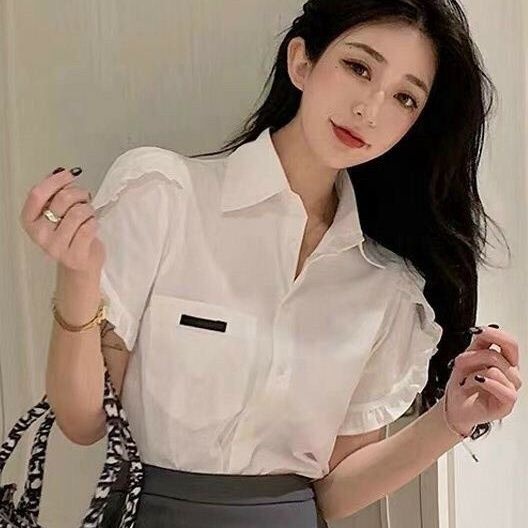 Áo sơ mi viền tay bèo phối sọc đỏ trắng  ( phôm 55kg trở lại đẹp) 🥰