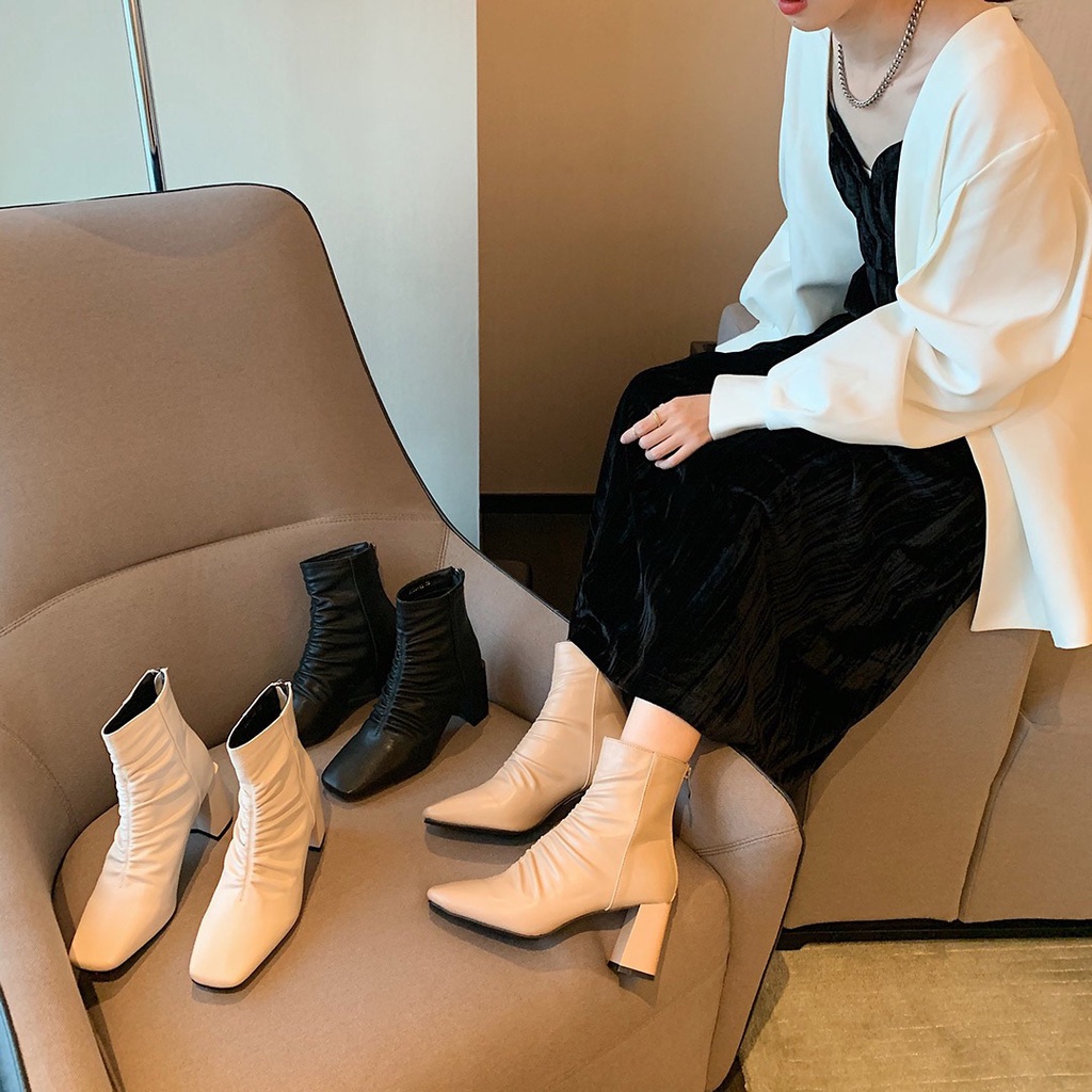 [Quà tặng là dây chun buộc tóc nữ] Boot da lì nhún chun gân giữa Bốt cao gót mũi vuông 7p Lucy Outfit thiết kế fullbox | BigBuy360 - bigbuy360.vn