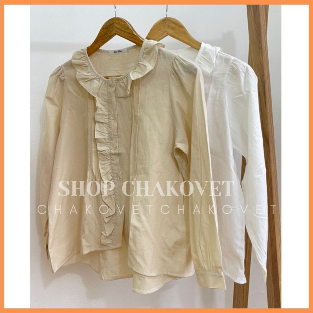 Áo babydoll nữ tay dài màu trắng be A894, kiểu áo nữ hàn quốc bánh bèo cổ tròn họa tiết dọc khuy áo phong cách tiểu thư | BigBuy360 - bigbuy360.vn