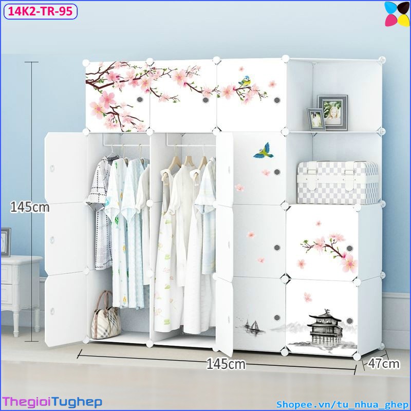 Tủ nhựa ghép 14 ô và 2 kệ size sâu 47cm, chọn màu thân và cửa theo phân loại (trắng trơn, hình mèo đen)
