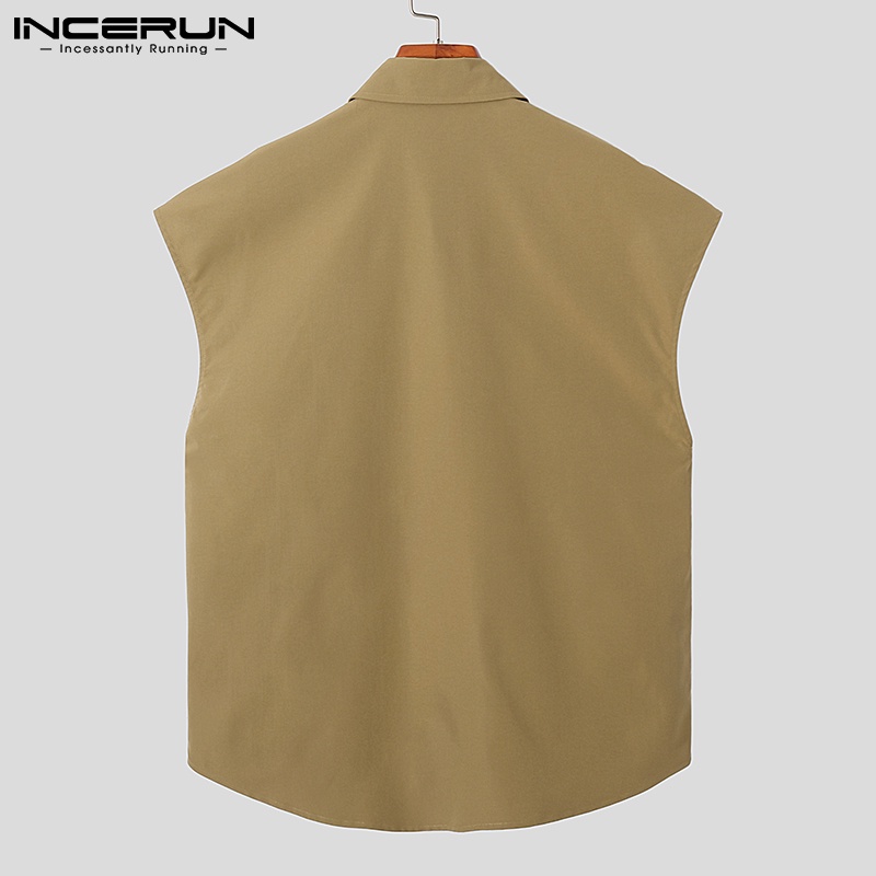 Áo sơ mi INCERUN không tay dáng rộng cổ bẻ thiết kế rỗng thời trang cá tính cho nam