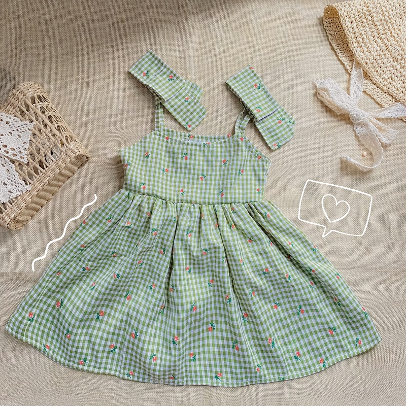 Váy cho bé gái 2 dây caro hoa nhí nơ vai sơ sinh 1 2 3 4 tuổi MINTSCLOSET Mint's Closet - GV0067