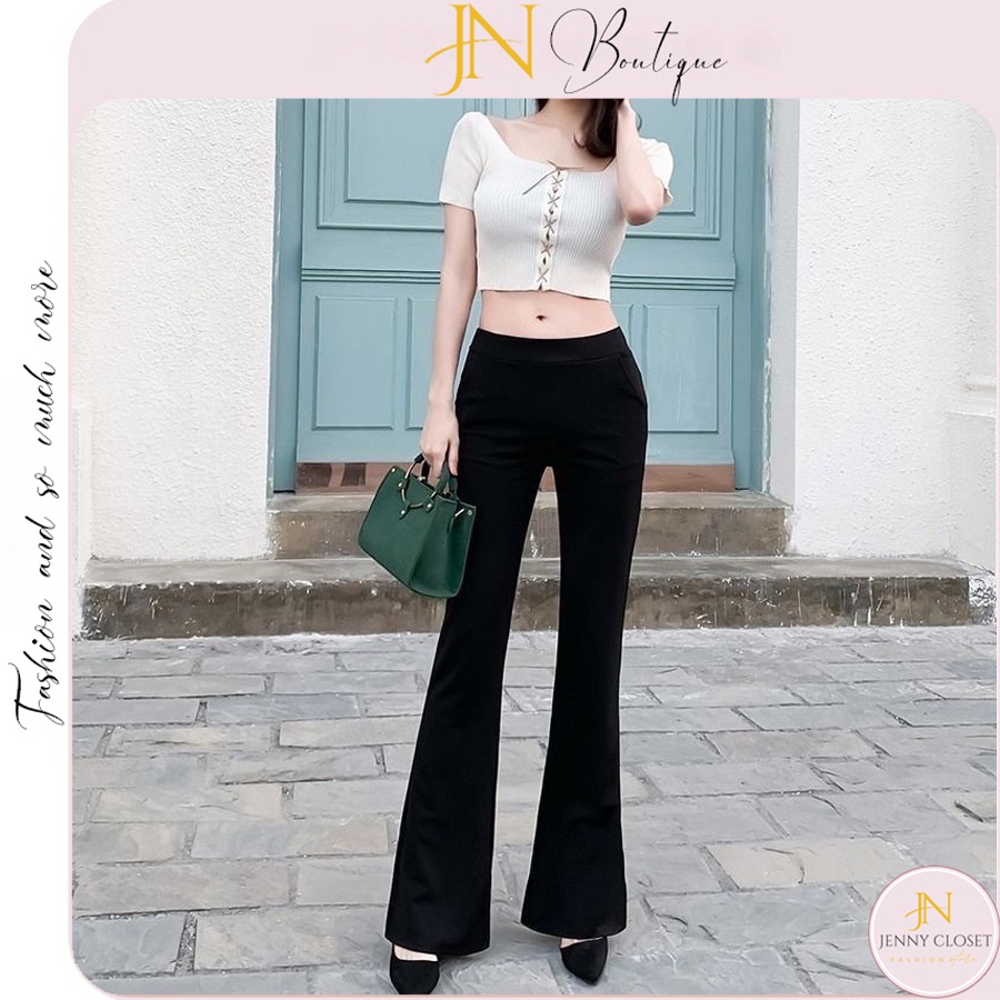Quần ống loe cạp cao nữ dáng dài có dây eo đen quần legging nữ ống loe ôm lưng chun thun vải co giãn học sinh công sở