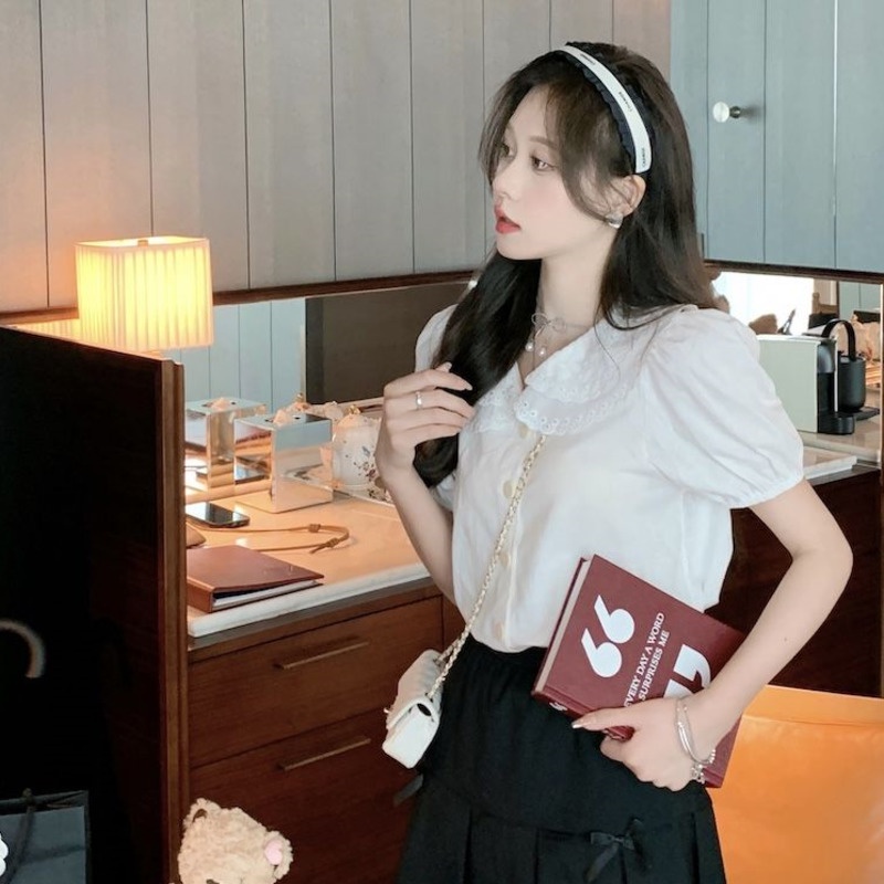 Áo Sơ Mi Ngắn Tay Cổ Búp Bê Khoét Nhiều Lớp Thời Trang Mùa Hè Cho Nữ