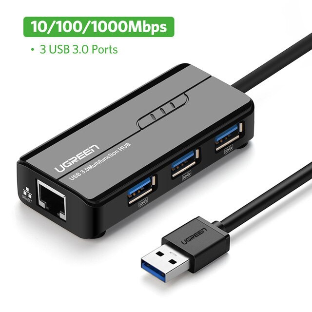 HUB USB 3 cổng 3.0 kèm cổng mạng LAN 10/100Mbps Cao Cấp UGREEN 20265 (Đen) - Hàng Chính Hãng