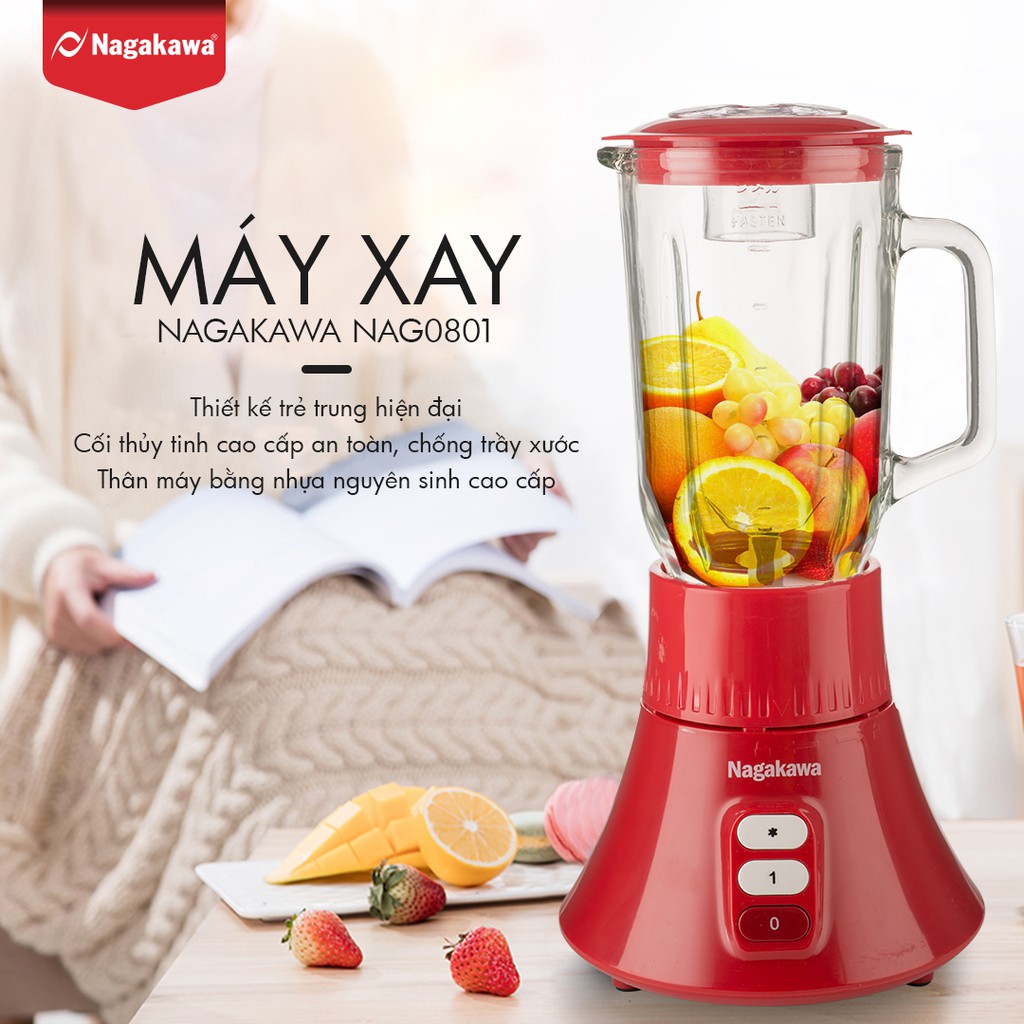 [Mã 267ELSALE hoàn 7% xu đơn 300K] Máy xay Nagakawa NAG0801 (350W - 1.25 Lít) - Hàng Chính Hãng - Bảo hành 12 tháng