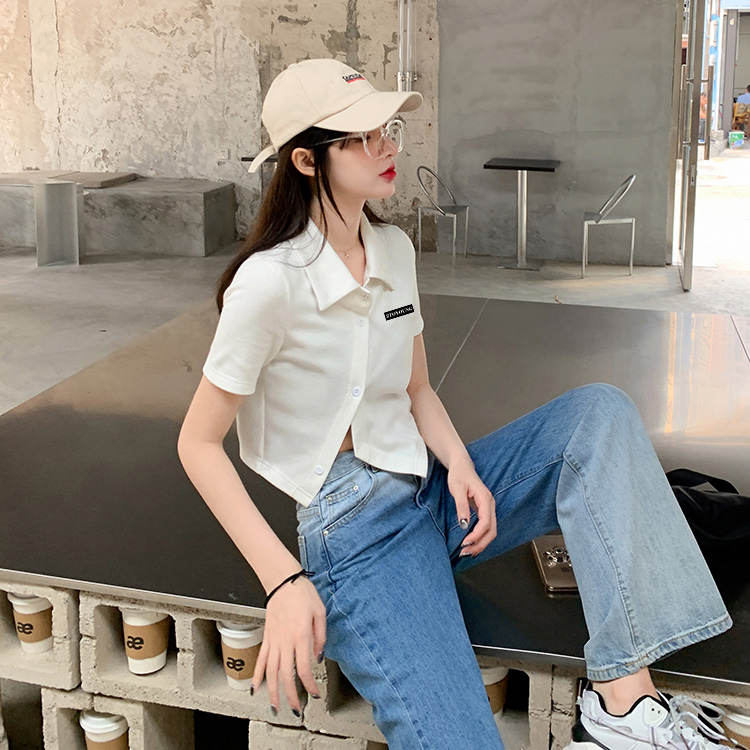 Áo Thun Lửng Có Cổ Thêu Hình Gấu Xinh Xắn Dành Cho Nữ