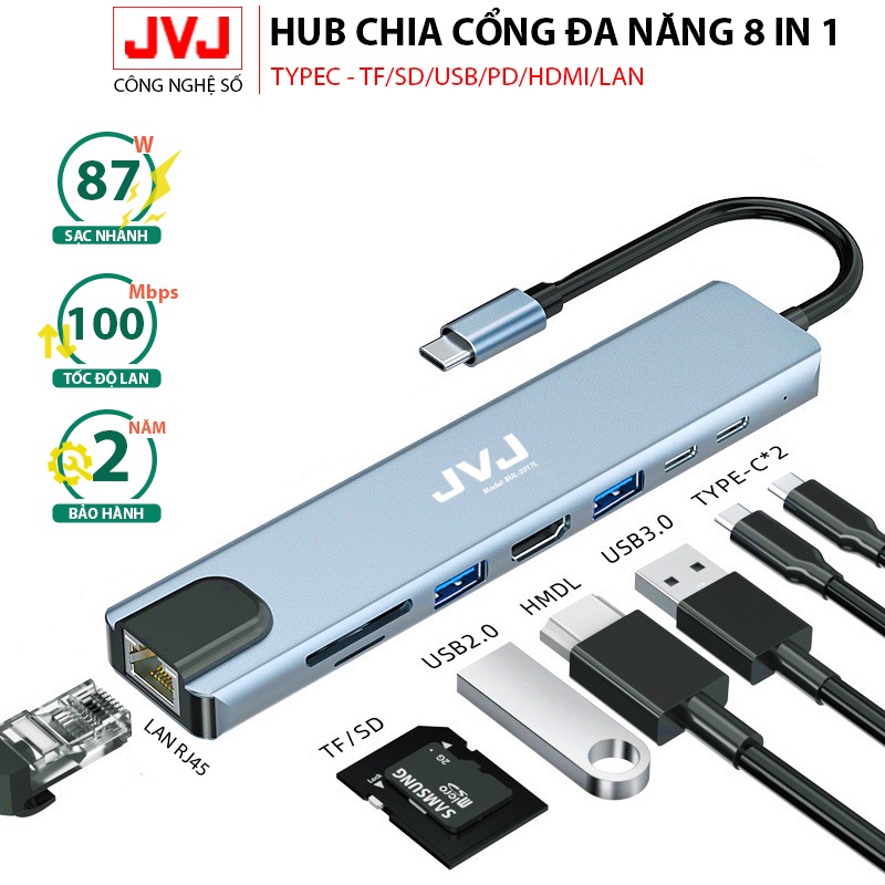 Hub USB Type-C JVJ BUL-2017L đa năng 8 Cổng HDMI USB 3.0 SD TF LAN Gigabit RJ45 tốc độ truyền mạng 100Mbps Bh 2 năm
