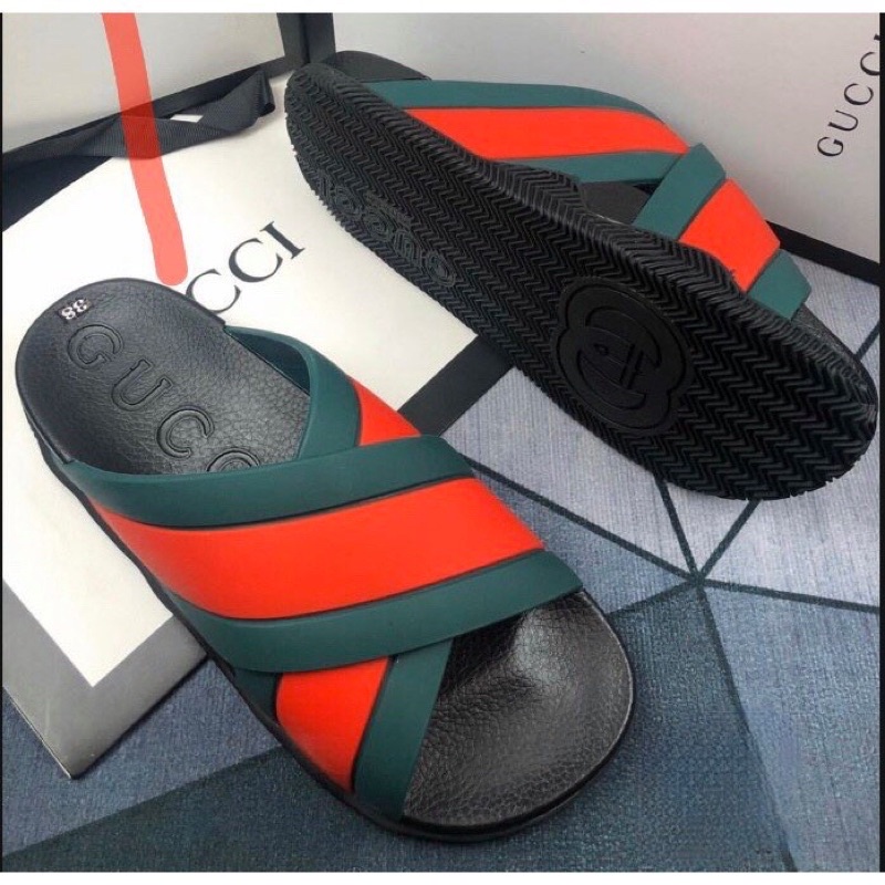 Dép nam quoai ngang gucci xanh đỏ độn đế tăng chiều cao ful box