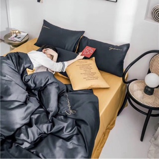 Set Chăn Ga Gối Lụa Tencel Trơn Sunmoi Phối Ga Vàng