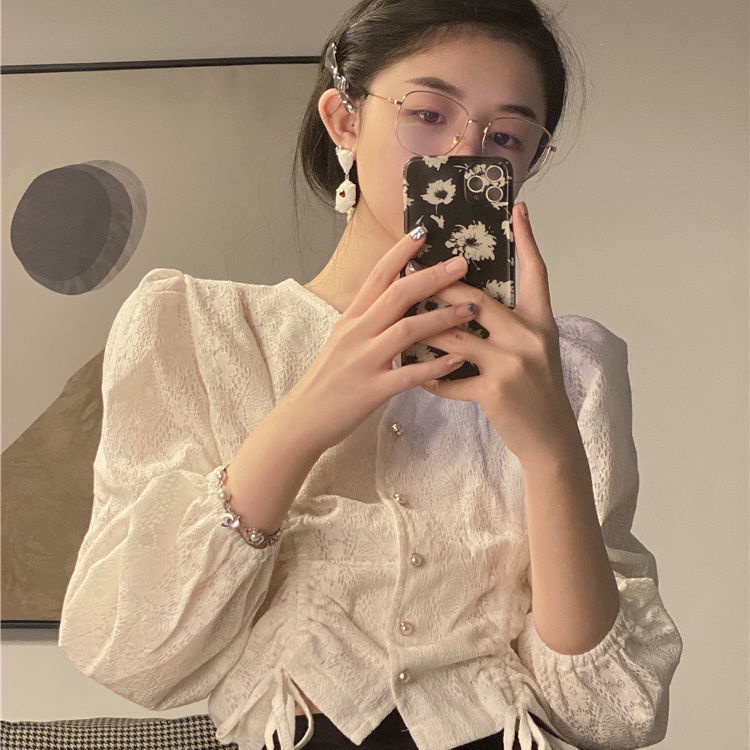 Áo kiểu tay dài cổ chữ V thiết kế dây rút phong cách Hàn Quốc thiết kế mới thời trang xuân thu