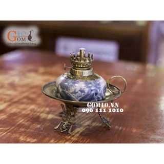 Đèn dầu dáng đĩa to men rạn cổ